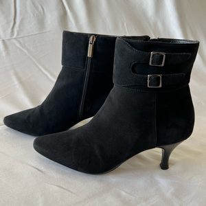AQUATALIA - Suede bootie with 2 1/2” heel and pointed toe, weatherproof finish.